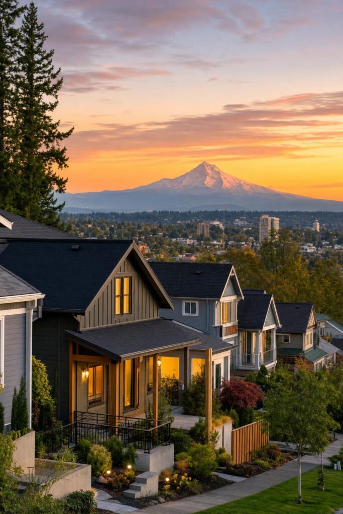Portland residential neighborhood with homes and city skyline, ideal for real estate investment