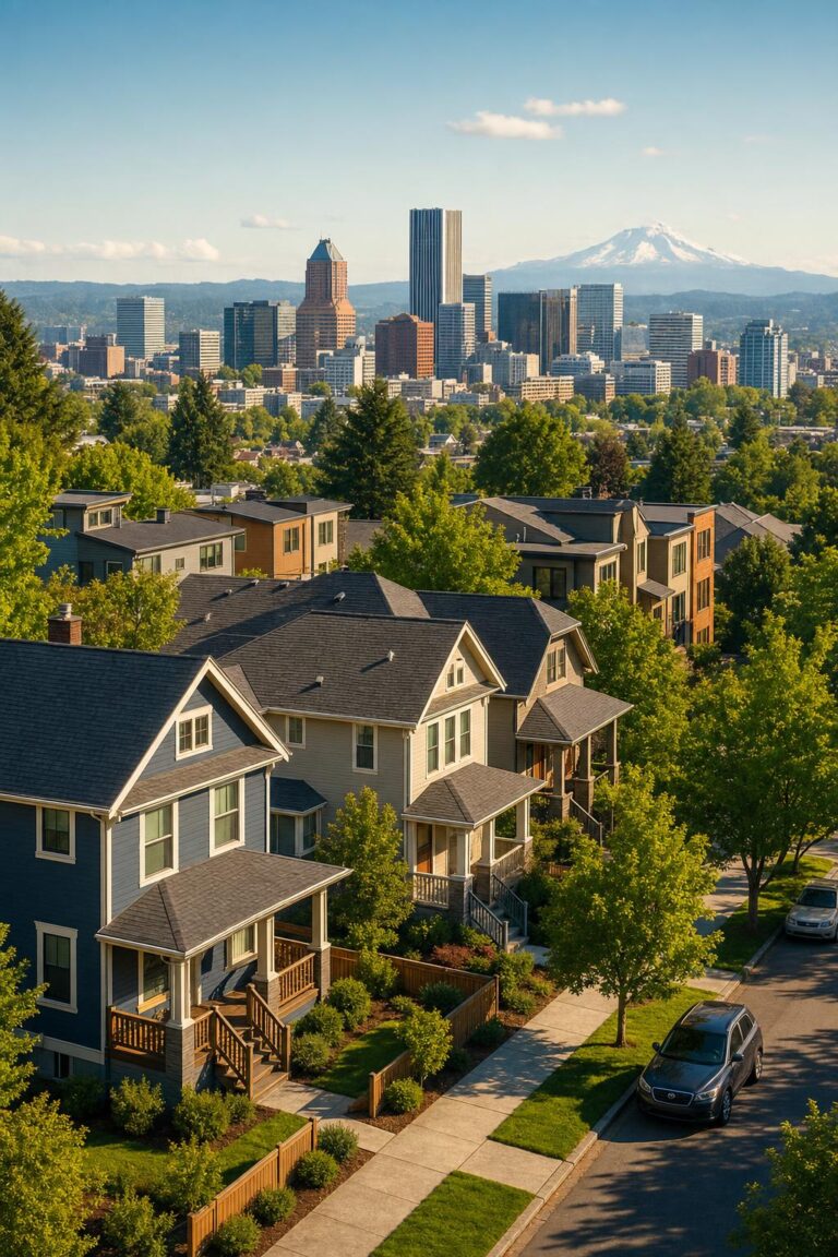 Portland residential neighborhood showcasing investment opportunities with homes and greenery.