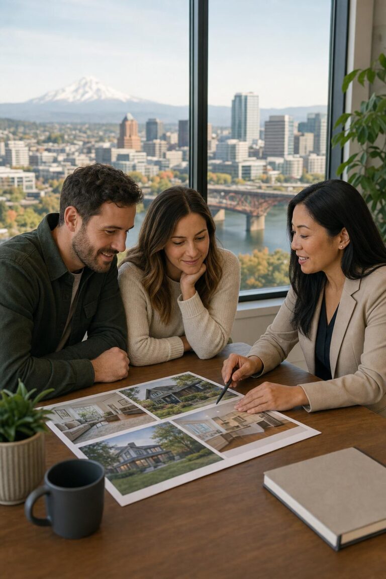 Portland home buyers consulting with a real estate agent in a bright living room